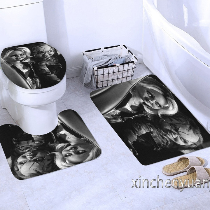 Horror Movie Chucky 3D Printing Waterproof Bathroom Shower Curtain Toilet Cover Mat Non-Slip Floor Mat Rug (1/3/4Pcs) W07
