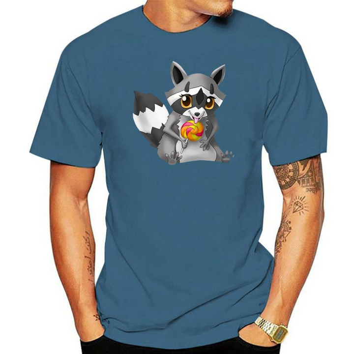 Men tshirt Raccoon with candy on a stick. Cartoon Raccoon T Shirt women T-Shirt tees top