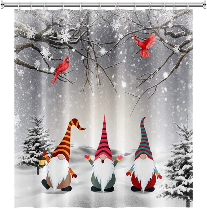 Christmas Gnome Shower Curtain Winter Snowflake Scene Shower Curtain