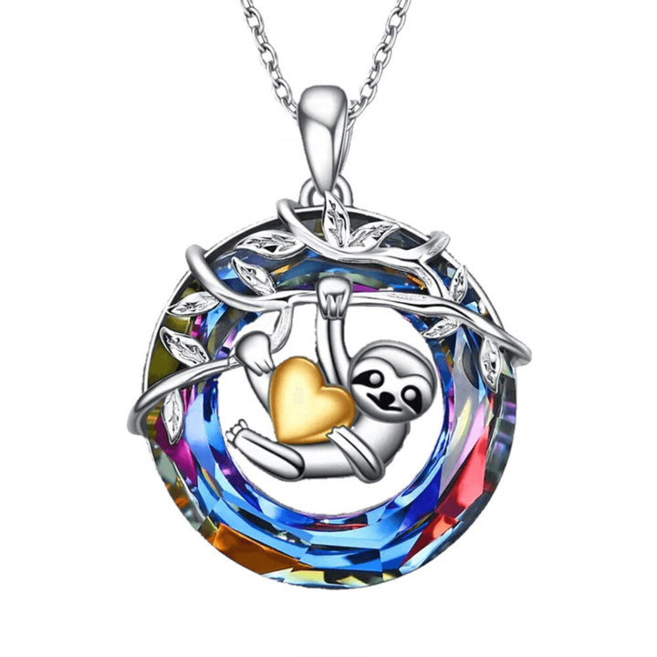 Charm Round Crystal Sloth Necklace for Women