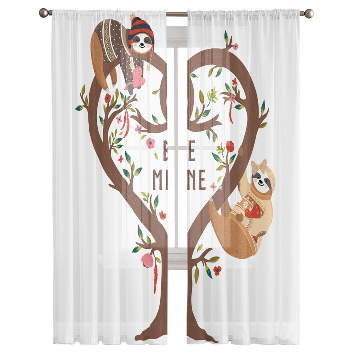 Sloth Heart-Shaped Tree Tulle Curtains for Living Room