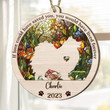 Personalized Memorial Japanese Spitz Suncatcher Ornament, Custom Dog Name Wood Ornament, Flowers Acrylic Background