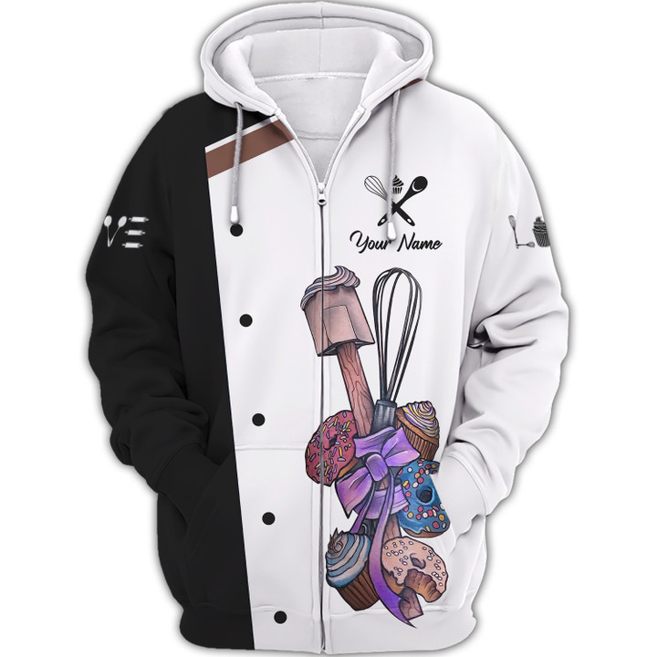 Personalized Name 3D Baker Zipper Hoodie White For Men and Women