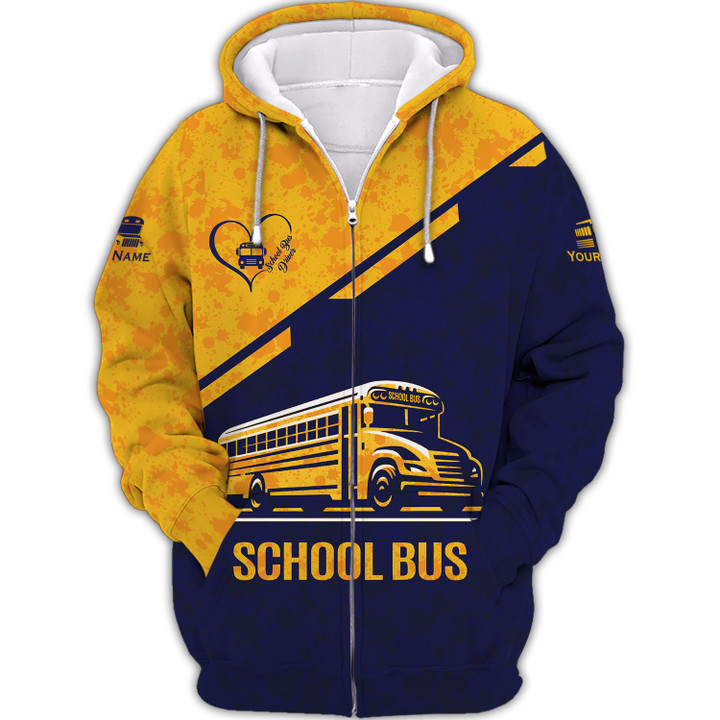 Custom School Bus Zipper Hoodie School Bus Driver Zipper Hoodie Golden School Bus 3D Zipper Hoodie