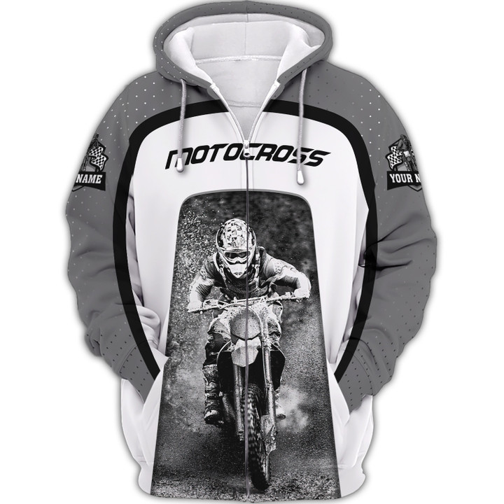 Motocross 3D Jersey Black & White Motocross Custom Zipper Hoodie