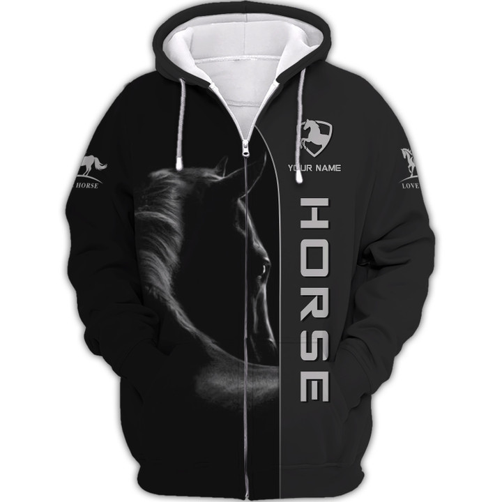 Black Horse Custom Name 3D Zipper Hoodie Gift For Horse Lovers