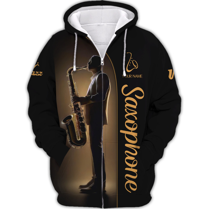 A Man Playing A Saxophone Custom Name 3D Zipper Hoodie Gift For Saxophone Lovers