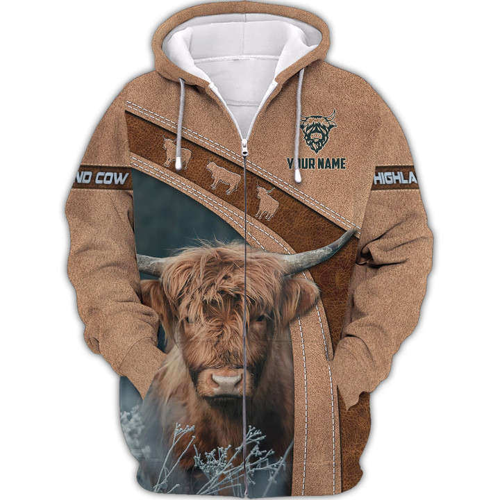 Highland Cow Personalized Name 3D Zipper Hoodie Gift For Cow Lovers