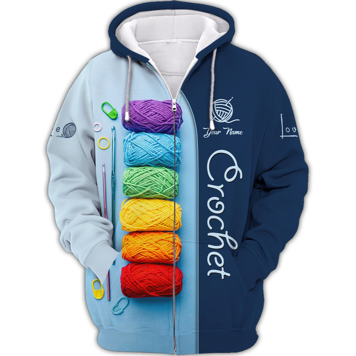 Crochet Personalized Name 3D Zipper Hoodie Gift For Crochet Lovers