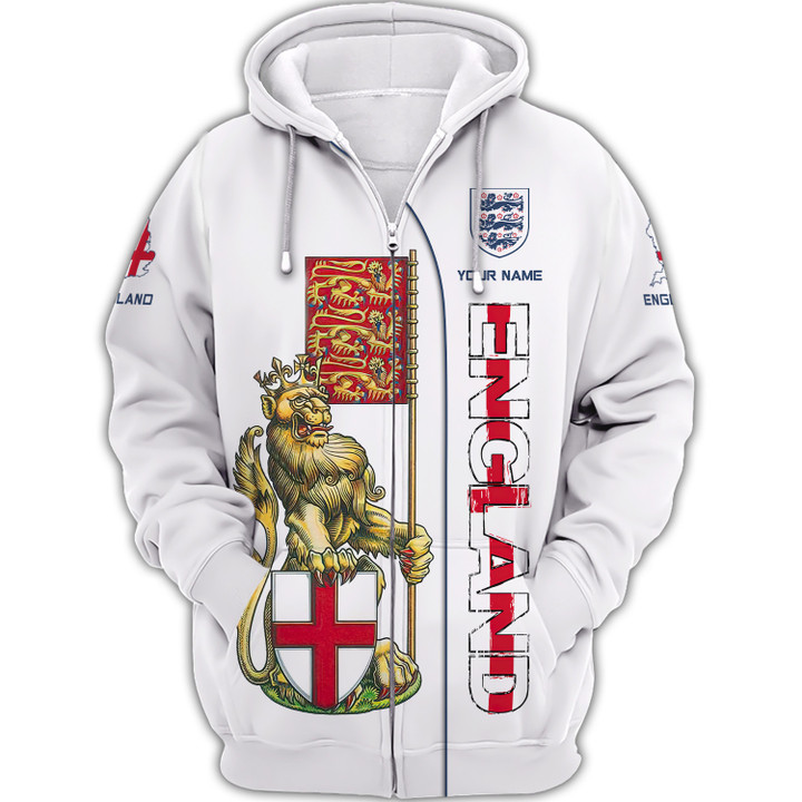Love England Personalized Name 3D White Zipper Hoodie Gift For England Lovers