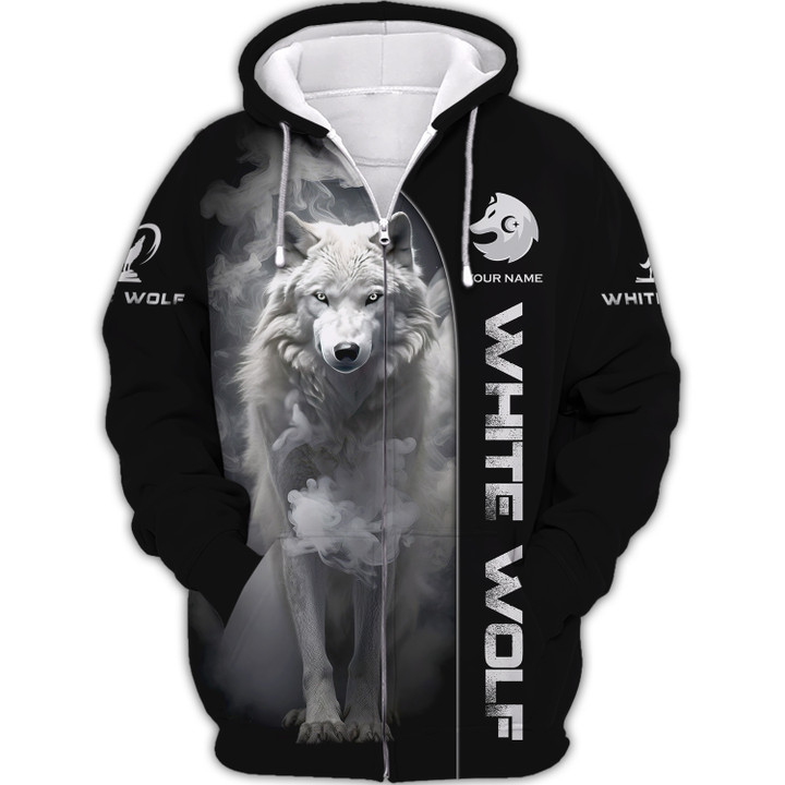 Custom Name 3D White Wolf Zipper Hoodie Personalized Gift For Wolf Lovers