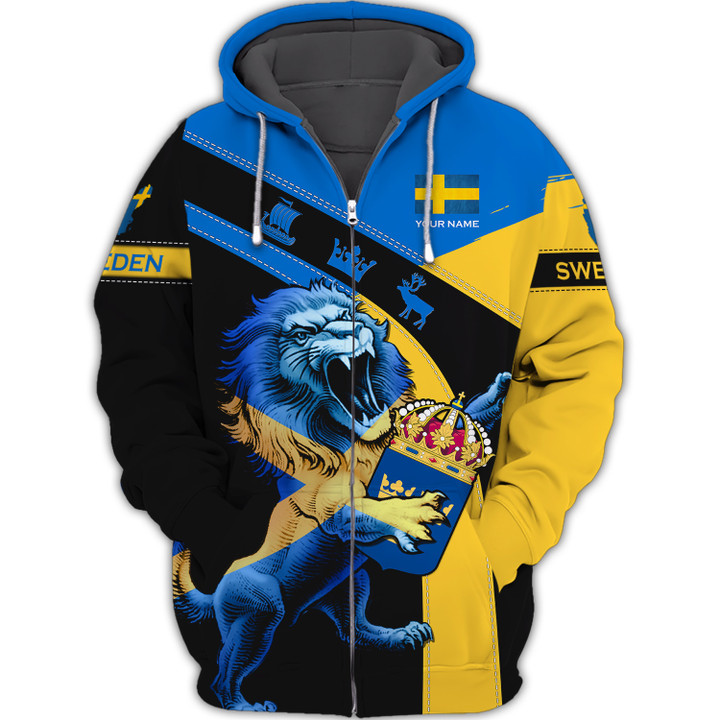 Sweden Personalized Name Zipper Hoodie Custom Gift For Sweden Lovers Sweden Lion 3D Shirts