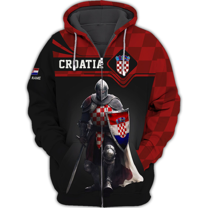 Custom Name 3D Knight Croatia Zipper Hoodie Personalized Gift For Croatia Lovers