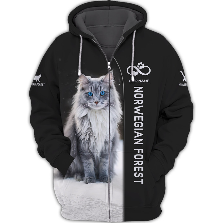 Norwegian Forest Cat Personalized Name 3D Zipper Hoodie Gift For Cat Lovers