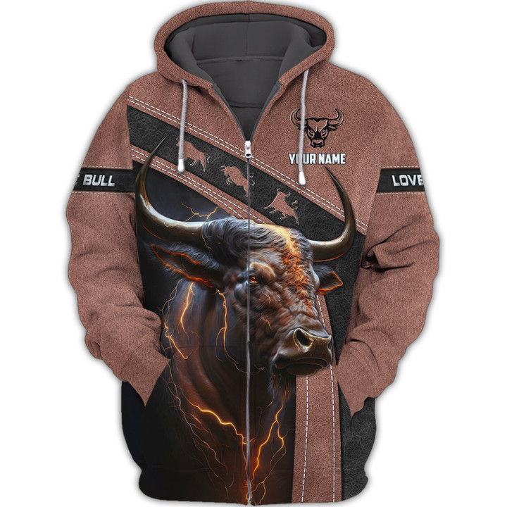 Bull Personalized Name 3D Zipper Hoodie Custom Gift For Bull Lovers