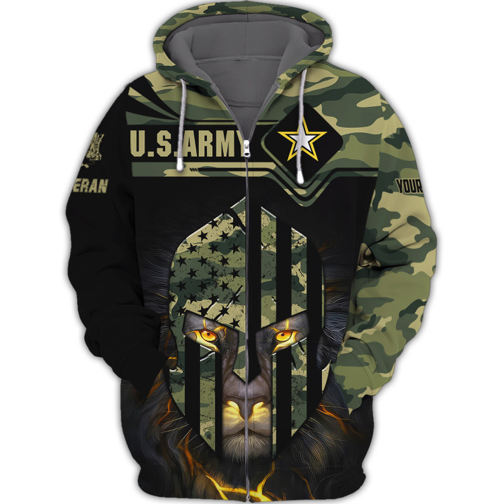 US Army Lion Veteran Personalized Name 3D Zipper Hoodie Gift For Veterans
