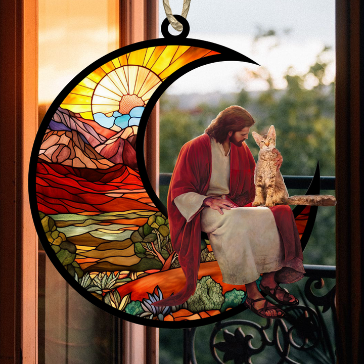 Funny LaPerm And Jesus Sitting On The Moon Hanging Suncatcher Ornament Cat Gift Christmas Gift For Pet Lovers