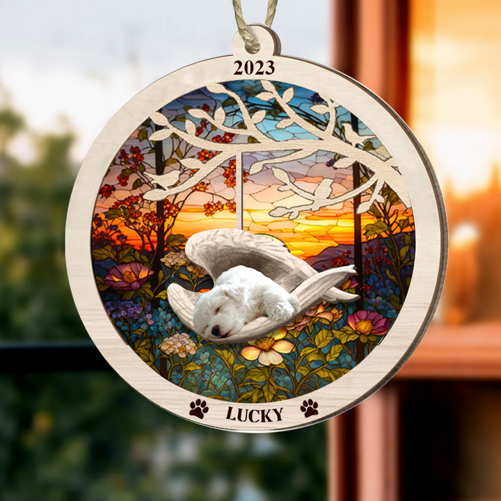 Personalized White Poodle Memorial Suncatcher Ornament Dog Sleeping in the Wings Angel Gift for Pet Lovers