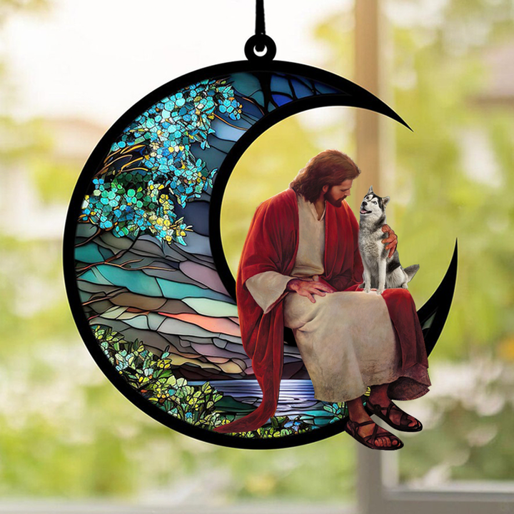 Husky And Jesus Sitting On The Moon Hanging Suncatcher Ornament Husky Gift Christmas Gift For Dog Lovers