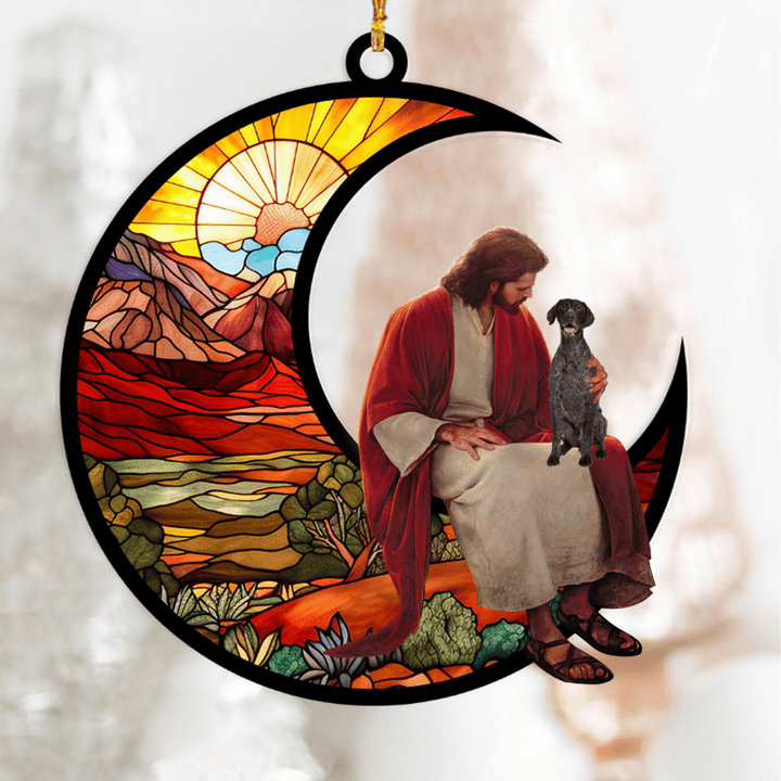 German Shorthaired Pointer And Jesus Sitting On The Moon Hanging Suncatcher Ornament Dog Gift Christmas Gift For Pet Lovers