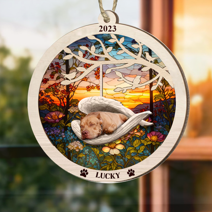 Personalized Pit Bull Memorial Suncatcher Ornament Dog Sleeping in the Wings Angel Gift for Pet Lovers