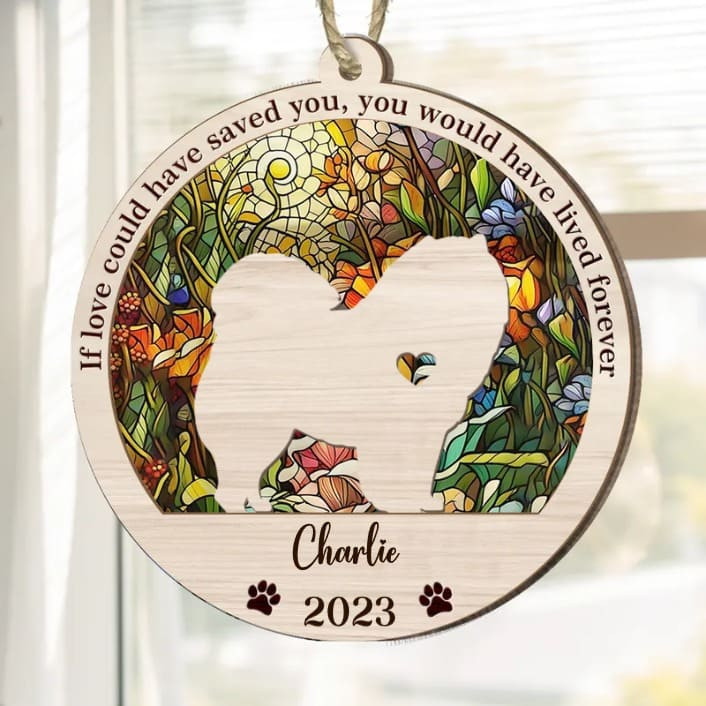 Personalized Memorial Chow Chow Suncatcher Ornament, Custom Dog Name Wood Ornament, Flowers Acrylic Background