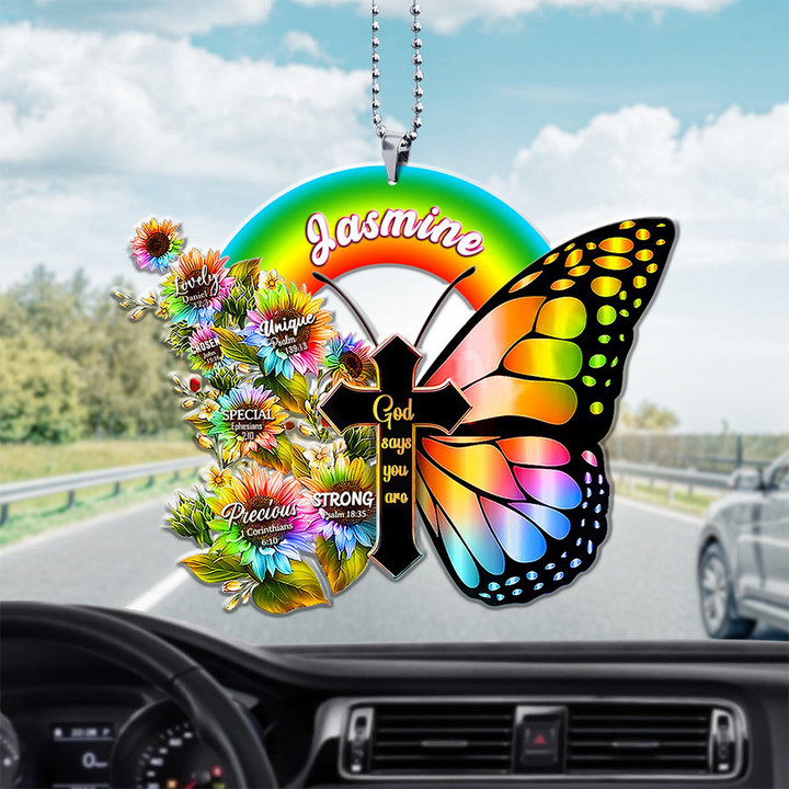 Personalized Rainbow Cross Butterfly God Says You Are Ornament, Custom Name Ornament for Car Decoration