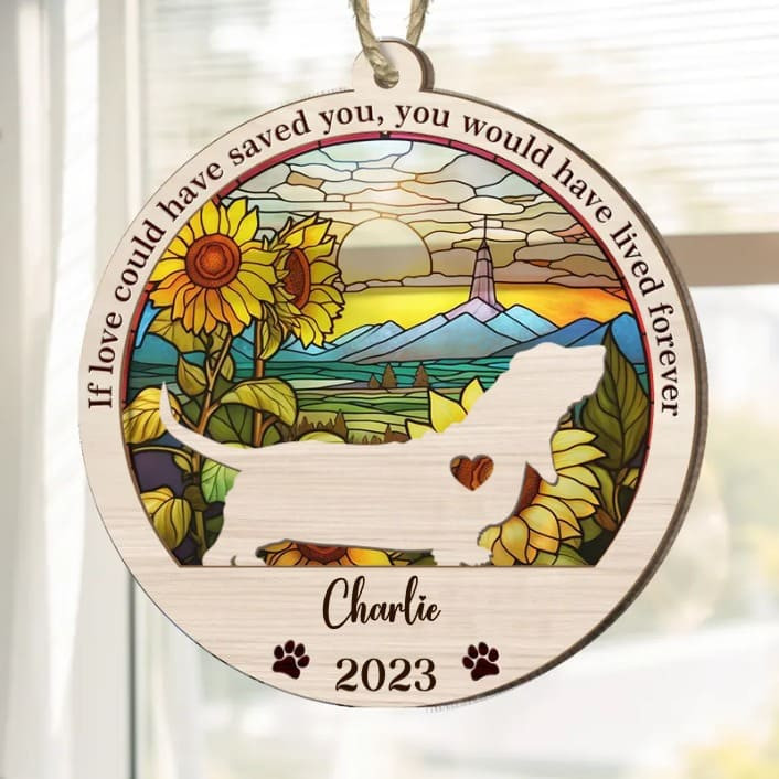 Personalized Memorial Basset Hound Suncatcher Ornament, Custom Dog Name Wood Ornament, Flowers Acrylic Background