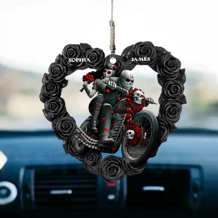 Personalized Couple Biker Skull Hanging Car Ornament, Custom Couple Name Car Ornament, Gift for Couple, Lovers