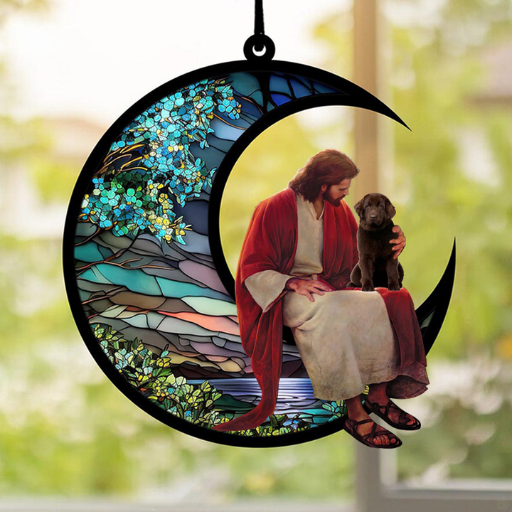 Newfoundland And Jesus Sitting On The Moon Hanging Suncatcher Ornament Dog Gift Christmas Gift For Pet Lovers