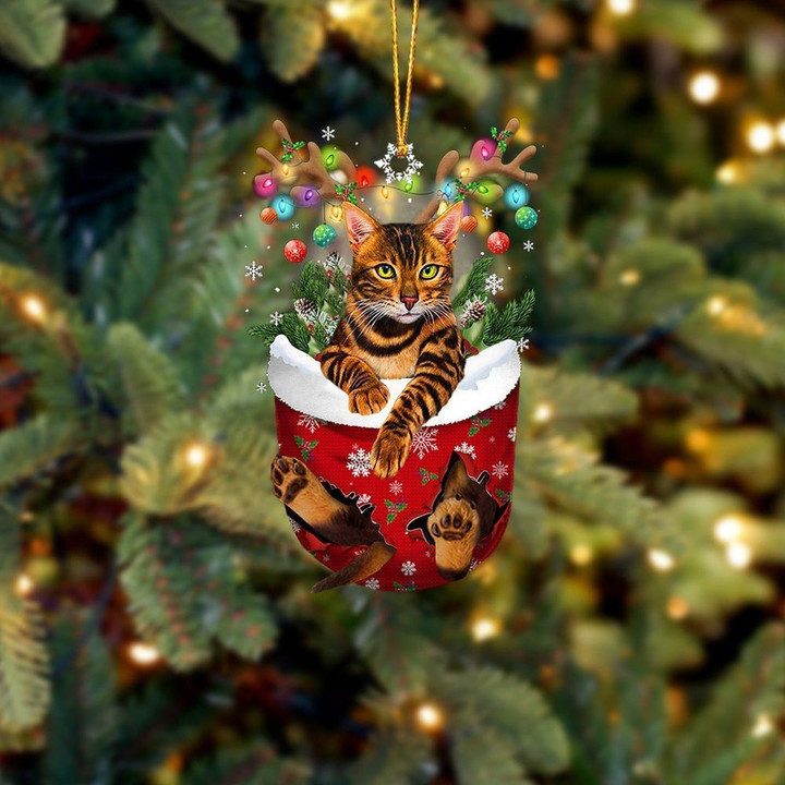 Cat Bengal In Snow Pocket Christmas Ornament Flat Acrylic Cat Ornament