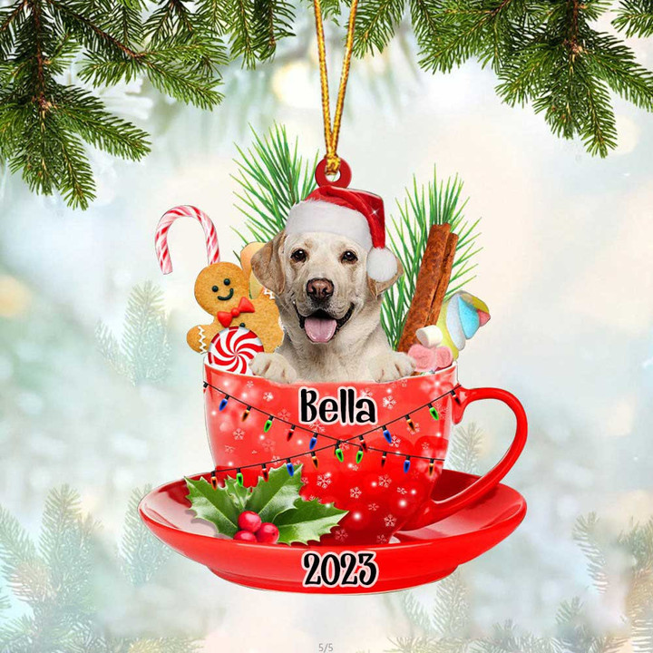 Yellow Labrador In Cup Merry Christmas Ornament, Customized Dog Flat Acrylic Ornament for Christmas Decor