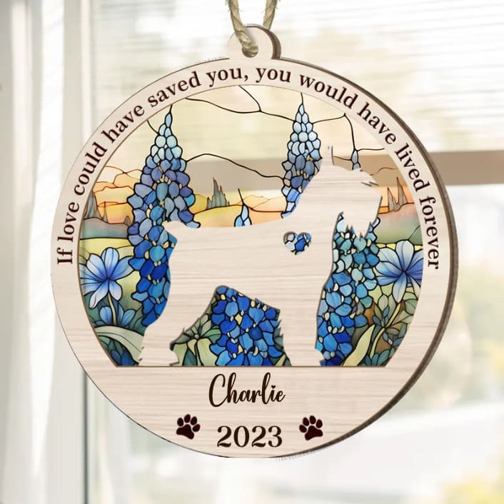 Personalized Memorial Miniature Schnauzer Suncatcher Ornament, Custom Dog Name Wood Ornament, Flowers Acrylic Background