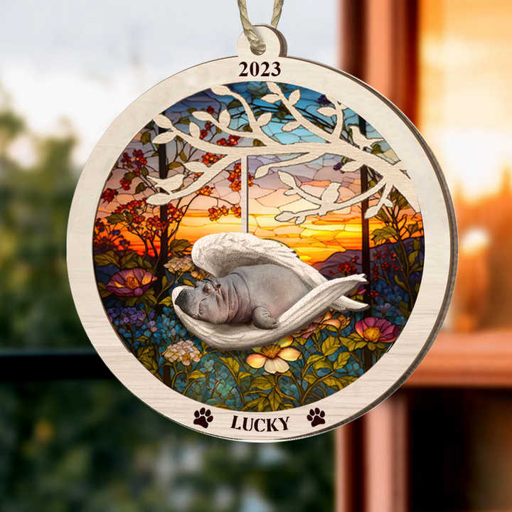Personalized Hippo Memorial Suncatcher Ornament Pet Sleeping in the Wings Angel Gift for Animal Lovers
