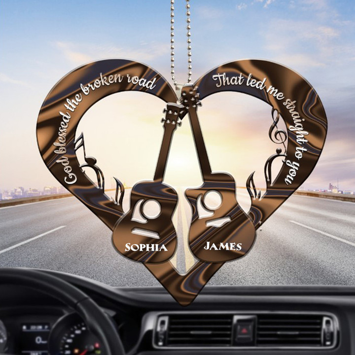 Personalized Guitar Couple with Heart Car Ornament, Custom Couple Name Ornament, Gift For Couple, Guitar Lovers