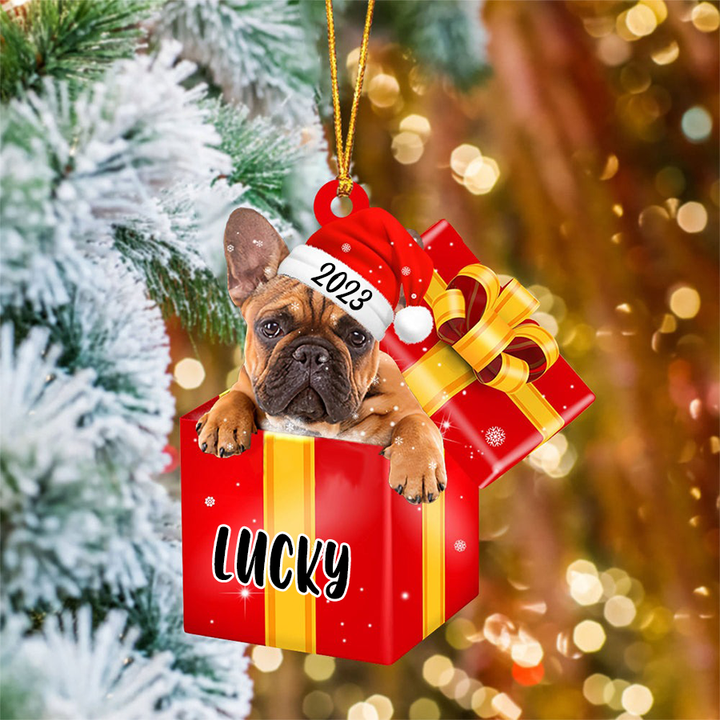 Personalized French Bulldog In Red Gift Box Christmas 2023 Ornament Custom Name Pet Ornament Decor Christmas Tree