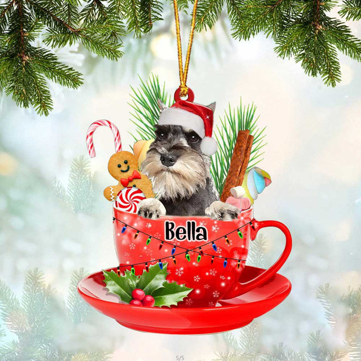 Grey Miniature Schnauzer In Cup Merry Christmas Ornament, Customized Dog Flat Acrylic Ornament for Christmas Decor