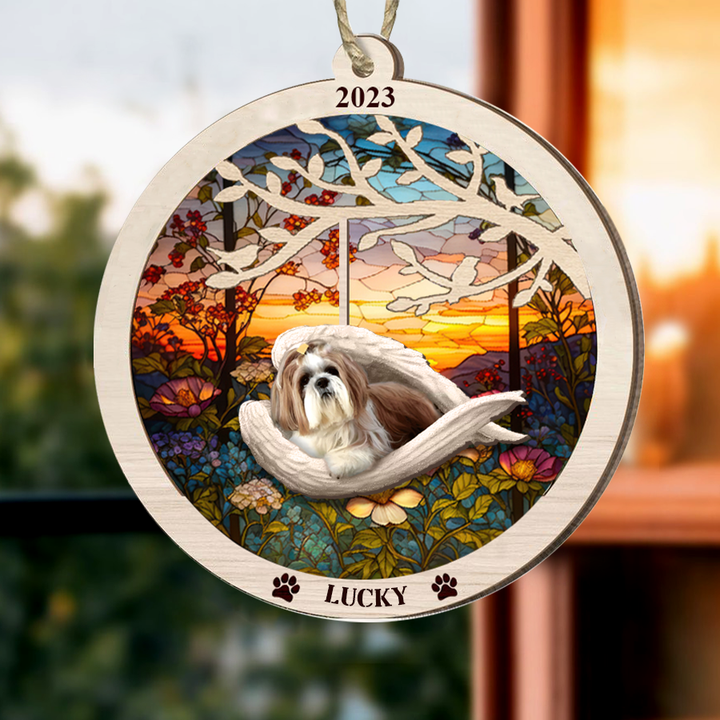 Personalized Shih Tzu Memorial Suncatcher Ornament Dog Sleeping in the Wings Angel Gift for Pet Lovers