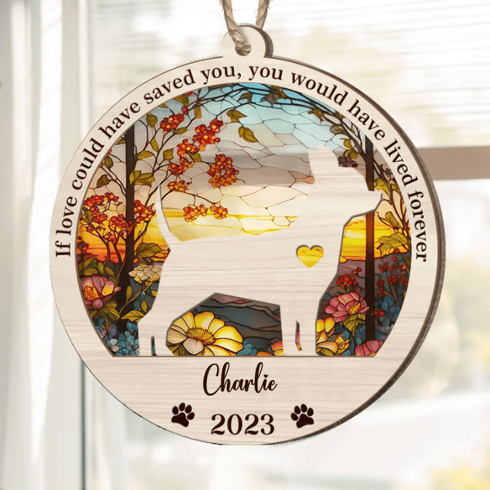 Personalized Memorial Chihuahua Suncatcher Ornament, Custom Dog Name Wood Ornament, Flowers Acrylic Background