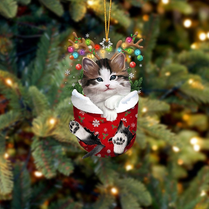 Cute White Kitty In Snow Pocket Christmas Ornament Flat Acrylic Cat Ornament