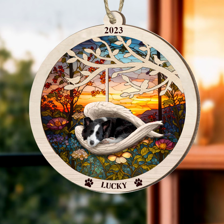 Personalized Border Collie Memorial Suncatcher Ornament Dog Sleeping in the Wings Angel Gift for Pet Lovers