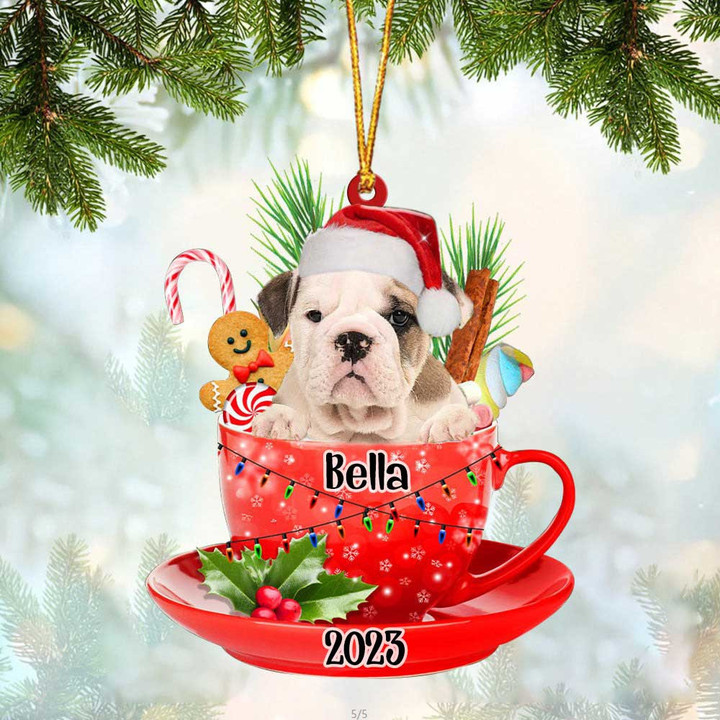 Old English Bulldog In Cup Merry Christmas Ornament, Customized Dog Flat Acrylic Ornament for Christmas Decor