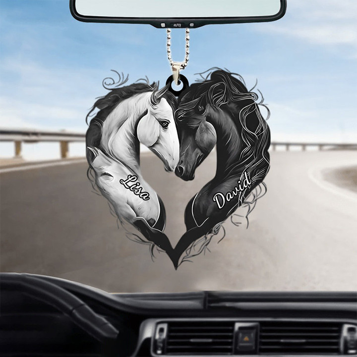 Acrylic Black And White Horse Car Ornament, Custom Couple Name Ornament, Car Decor, Gift For Couple, Horse Lovers