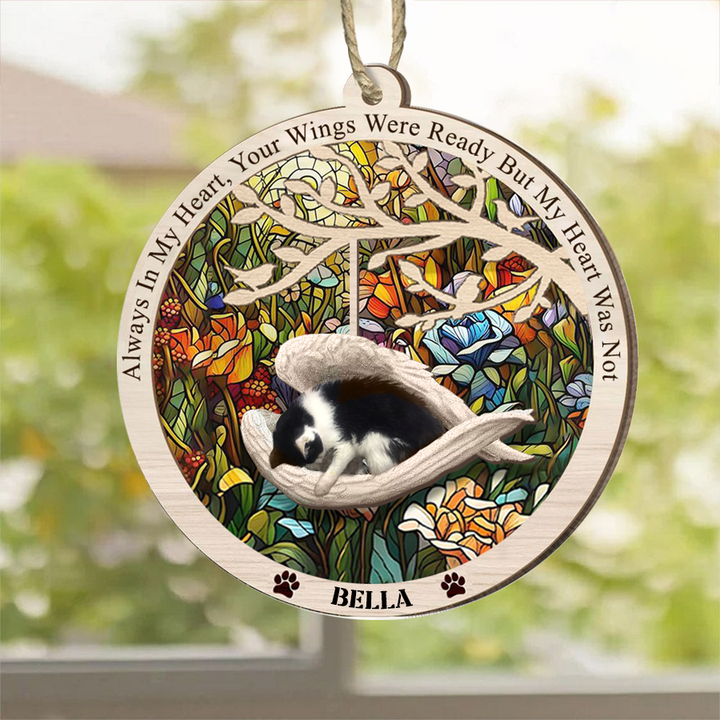 Personalized Black and White Cat Sleeping in the Wing Angel Suncatcher Ornament For Cat Lovers, Loss of Pet Sympathy Gift