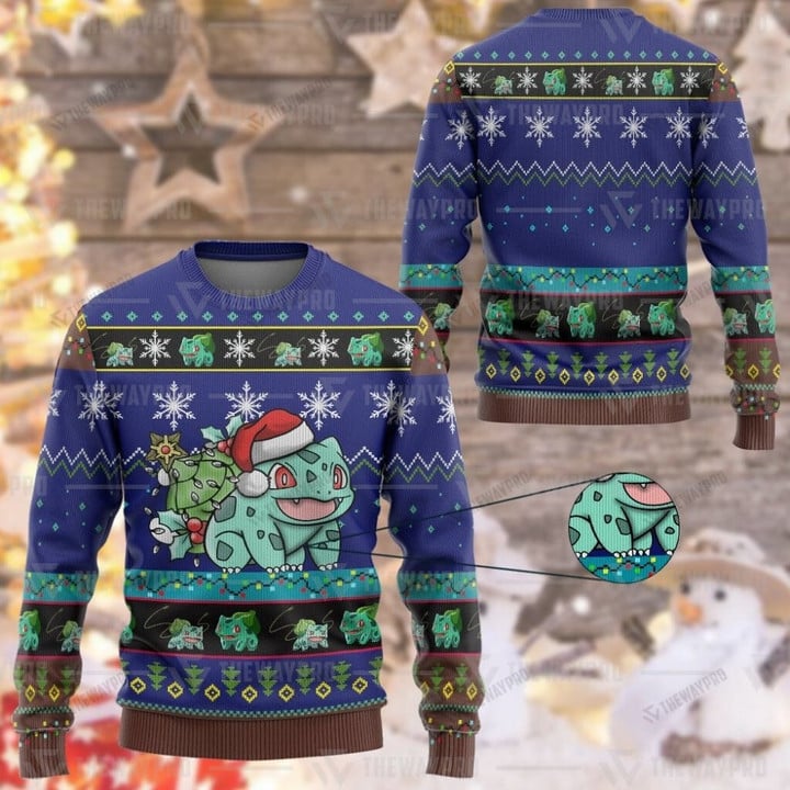 Anime Pkm Bulbasaur Custom Imitation Knitted Sweatshirt Thicken / Xs