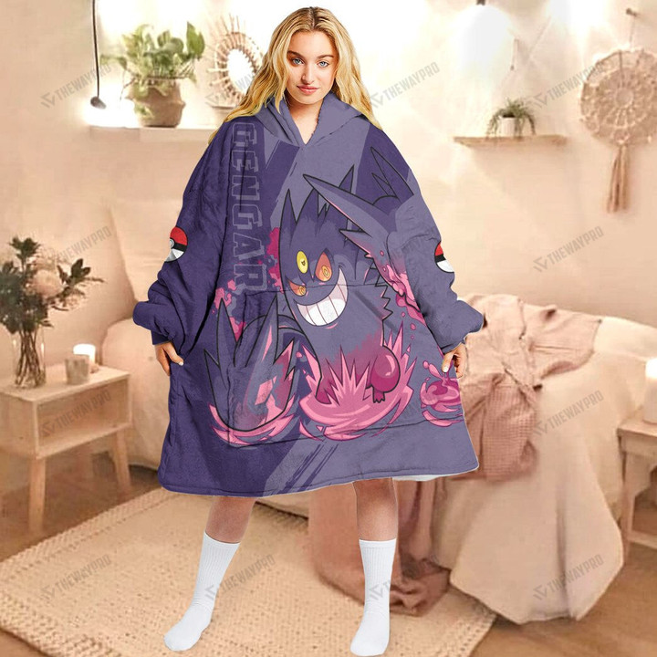 Anime Pkm Gengar Custom Fleece Blanket Hoodie Adult / Free Size