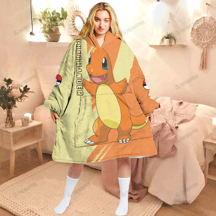 Anime Pkm Charmander Custom Fleece Blanket Hoodie Adult / Free Size