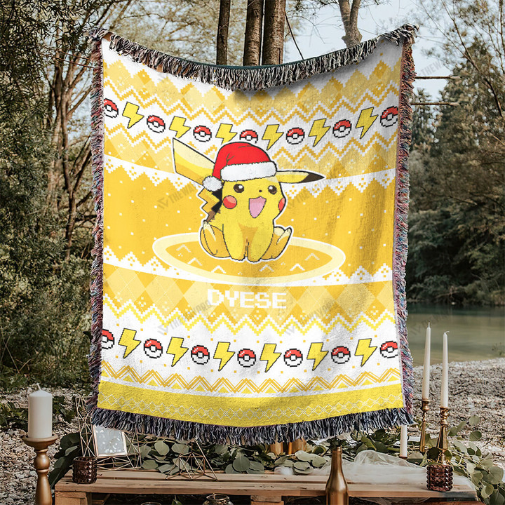 Pikachu Christmas Custom Name Woven Blanket
