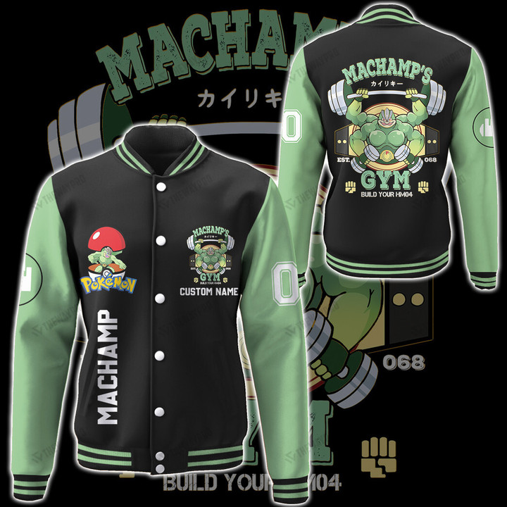 Machamp Gym Green Custom Name Baseball Jacket