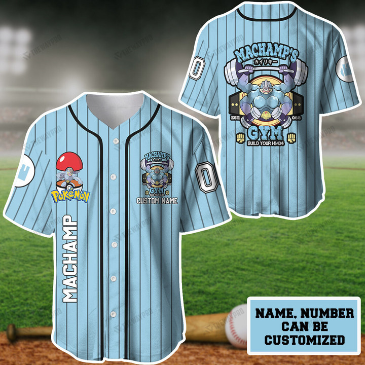 Machamp Gym Blue Custom Name Baseball Jersey